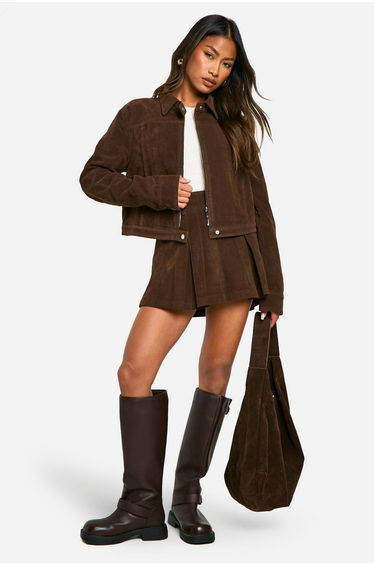 Faux Suede Mini Pleated Skirt - chocolate