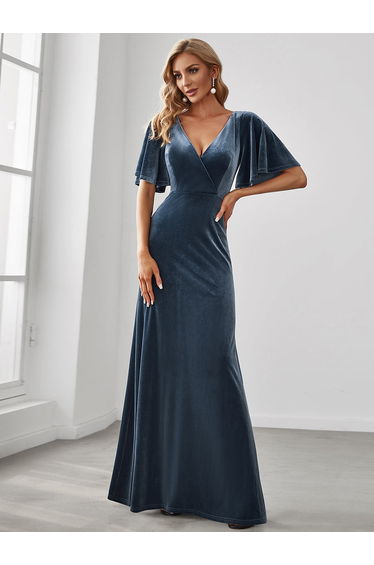 ever REINE|Elegant Double V Neck Velvet Evening Dress with Sleeves