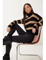 Women's Black Biscuit Stand-Up Collar Striped Knitwear Sweater - 1