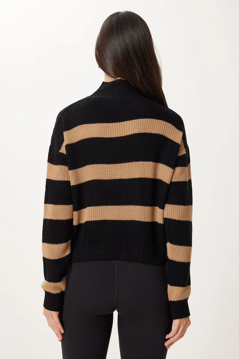 Women's Black Biscuit Stand-Up Collar Striped Knitwear Sweater - 4