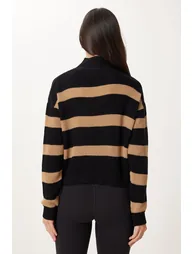 Women's Black Biscuit Stand-Up Collar Striped Knitwear Sweater - 4