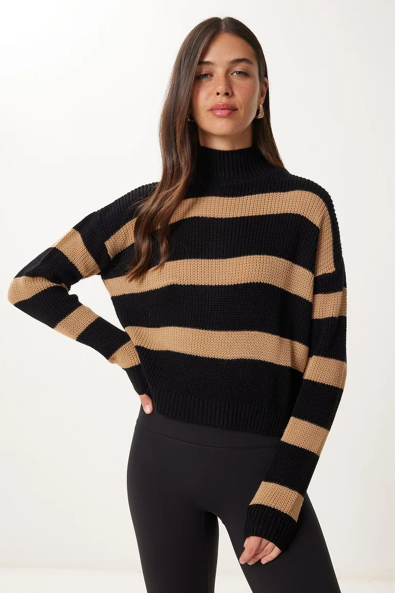 Women's Black Biscuit Stand-Up Collar Striped Knitwear Sweater - 2