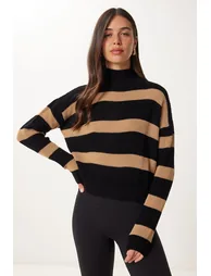 Women's Black Biscuit Stand-Up Collar Striped Knitwear Sweater - 2