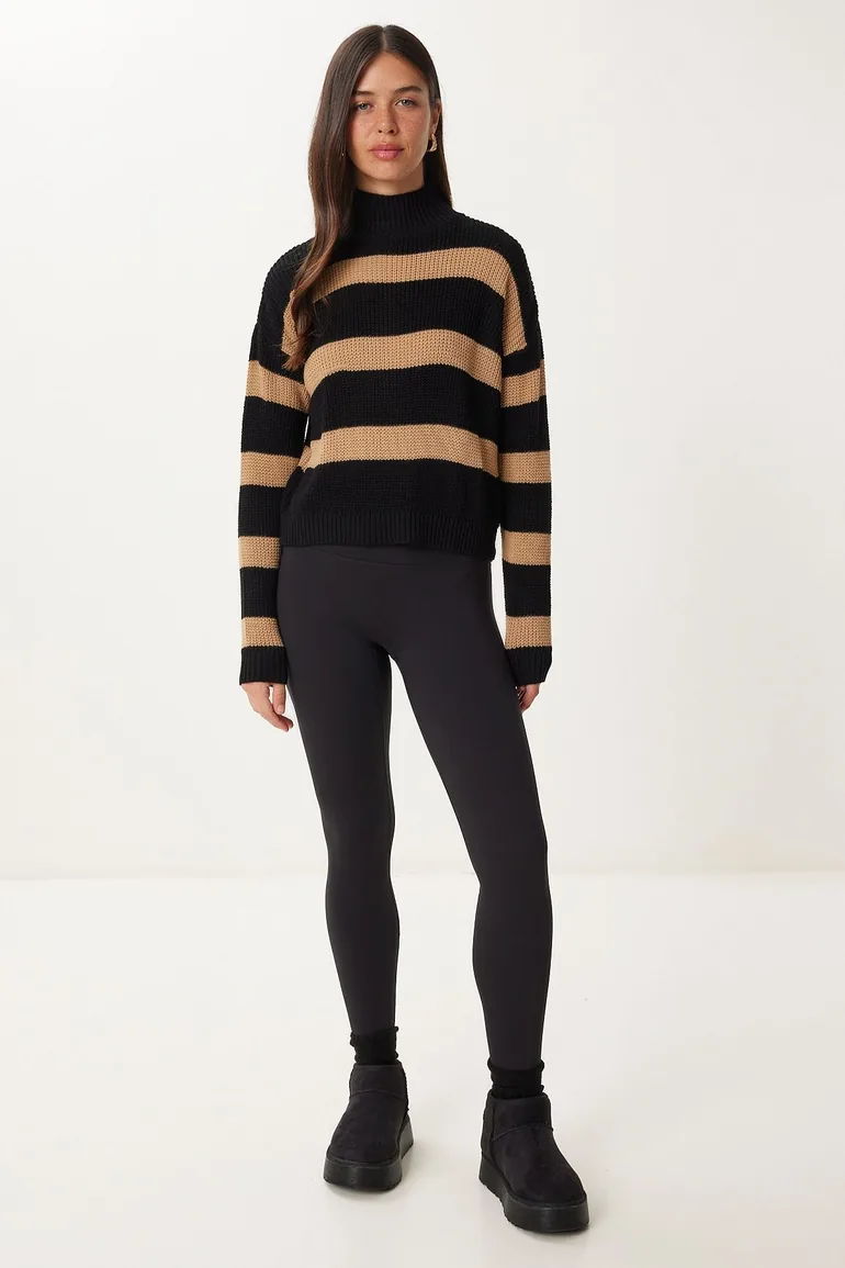 Women's Black Biscuit Stand-Up Collar Striped Knitwear Sweater