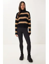 Women's Black Biscuit Stand-Up Collar Striped Knitwear Sweater