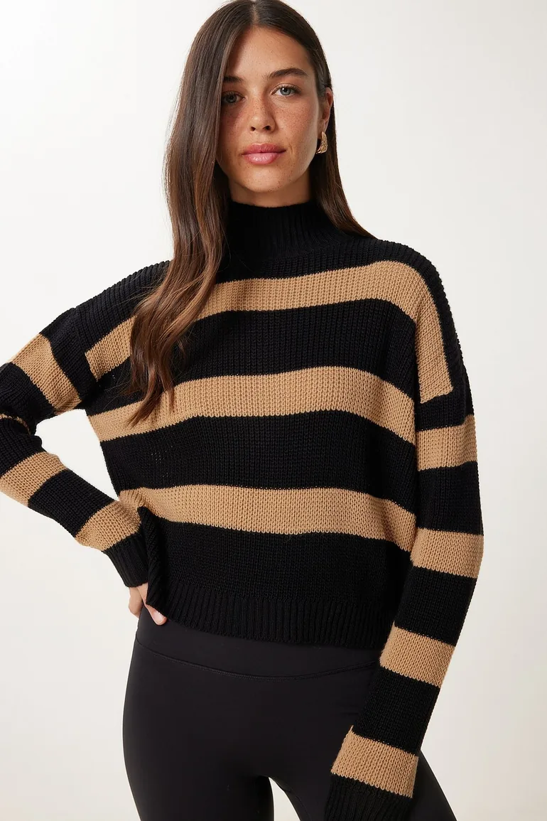 Women's Black Biscuit Stand-Up Collar Striped Knitwear Sweater - 3
