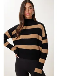 Women's Black Biscuit Stand-Up Collar Striped Knitwear Sweater - 3