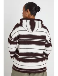 Plus Stripe Oversized Knitted Hoody - chocolate - 2