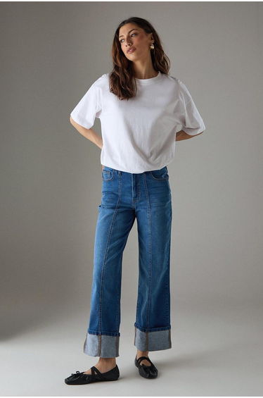 Seam Detail Wide Leg Turn Up Denim Jean
