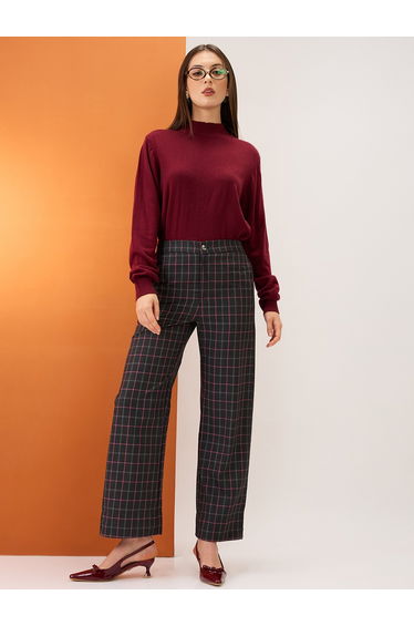 Black Checkered Mid-Rise Straight Fit Trousers