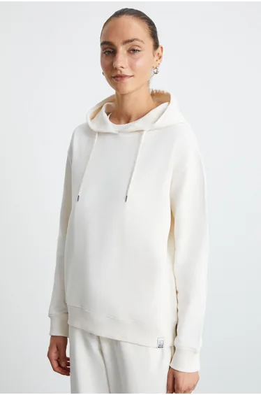 BLERTA Women's Relaxed Fit Kangaroo Pocket Hooded Ecru