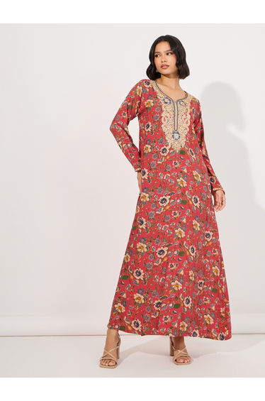 Floral Print Rayon Mukhawar Jalabiya with Handwork