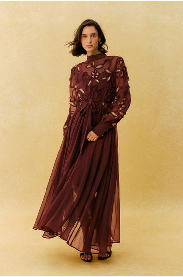 Autumn Affair Burgundy Floral Embroidery Long Sleeve Maxi Dress