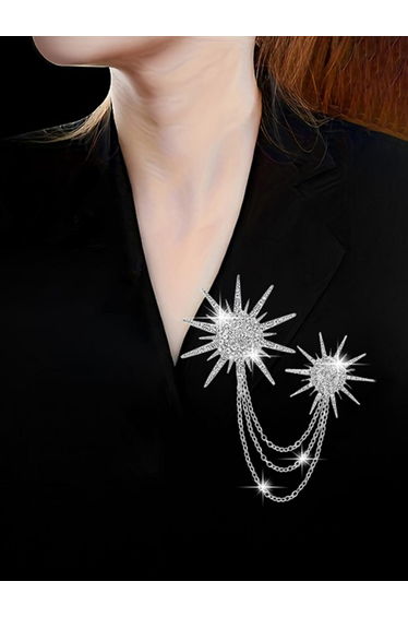 Women Silver Rhinestone Starburst Brooch