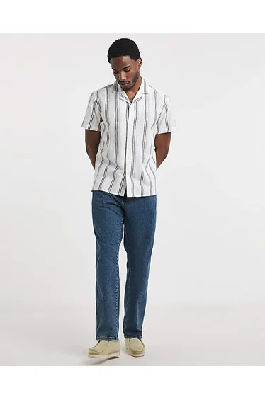 Revere Collar Linen Blend Stripe Shirt