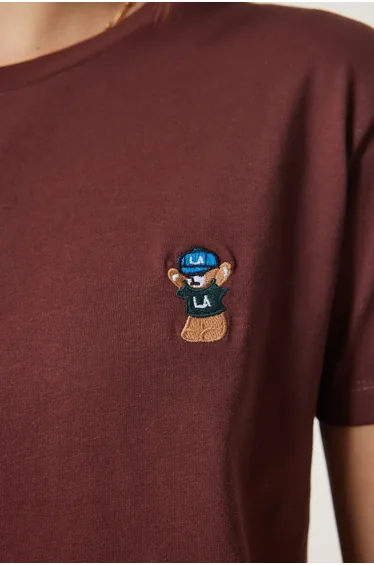 Women's Brown Teddy Bear Embroidered Cotton Knitted T-Shirt