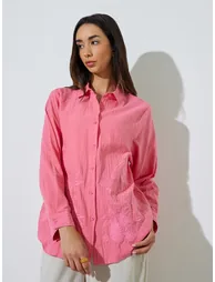 Pink Embroidered Hem Longline Shirt - 2