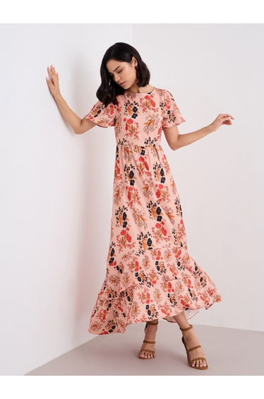 Peach Floral Print Layered Maxi Dress