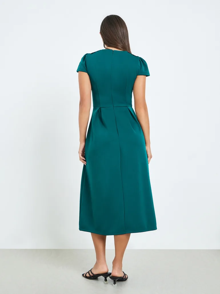Women Green Pleated A-Line Midi Dress - 4