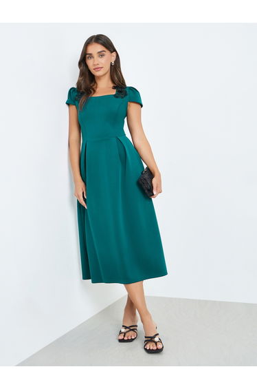 Women Green Pleated A-Line Midi Dress