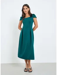 Women Green Pleated A-Line Midi Dress - 2
