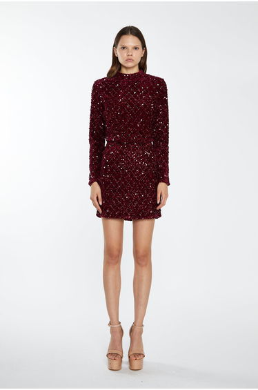 Port-Red Velvet-Sequin Mini-Skirt