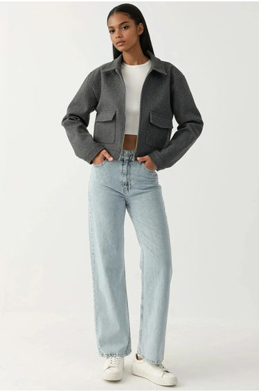 Textured Crop Jacket with Zipper
