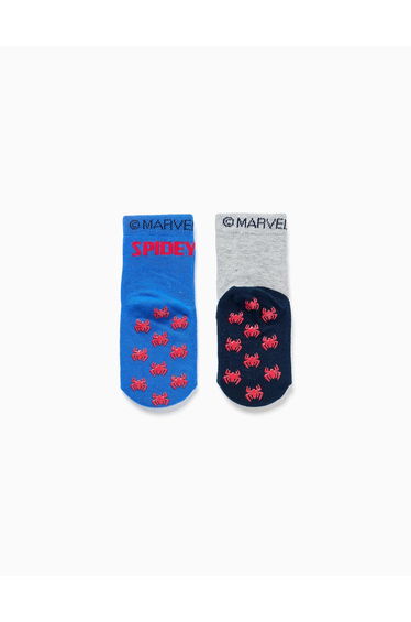 2 non-slip socks with Spidey print for newborn and baby boys, blue/grey