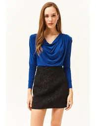 Women's Saxe Blue Waistband Pleated Turndown Collar Blouse