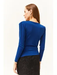 Women's Saxe Blue Waistband Pleated Turndown Collar Blouse - 5