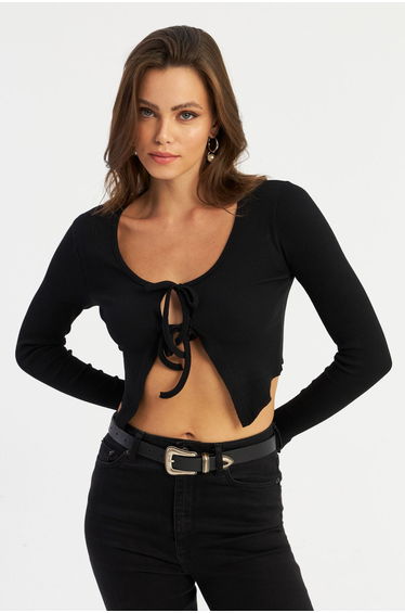 Women's Black Front Tie Camisole Crop Blouse