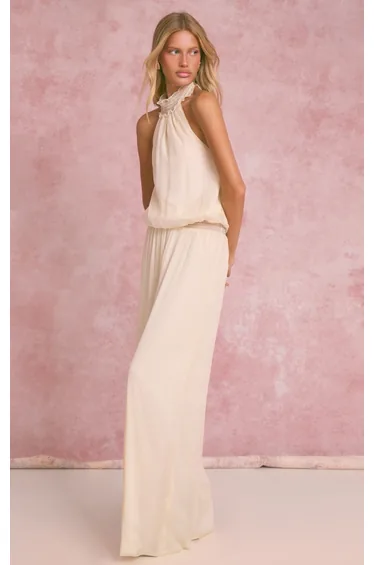 Cream Textured Shirred Waist Jumpsuit