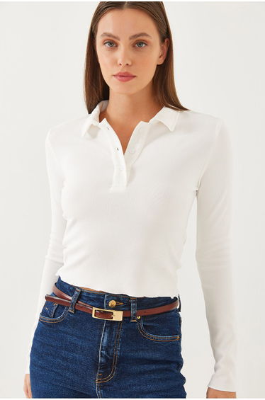 Women's Polo Collar Half Buttoned Ribbed Crop Blouse