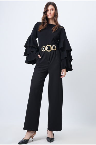 Women's Black Crew Neck Flared Sleeve Crepe Blouse