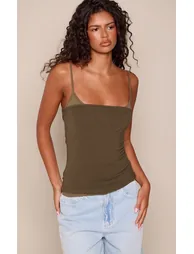 Khaki Cotton Contrast Strappy Top - 1