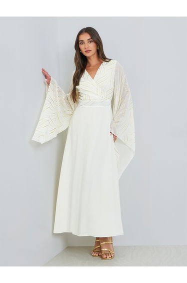 Women Cream Bell Sleeves A-Line Maxi Dress