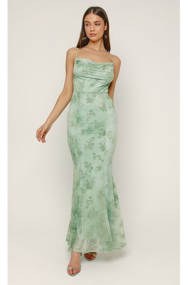 Spring Green Floral Burnout Godet Maxi Dress