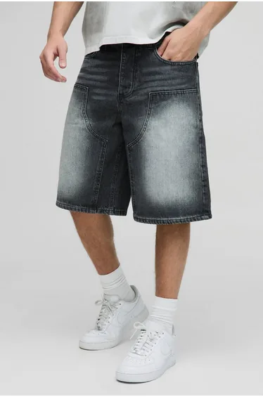 Regular Fit Antique Grey Washed Carpenter Denim Jorts - grey