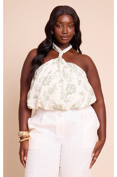 Plus Green Floral Halterneck Puffball Top