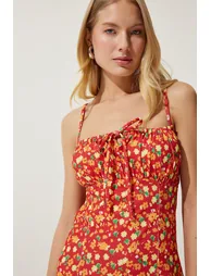 Women's Dark Orange Floral Slit Summer Knitted Dress - 4