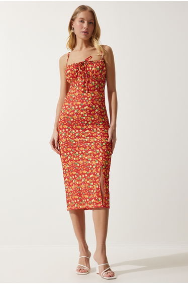 Women's Dark Orange Floral Slit Summer Knitted Dress