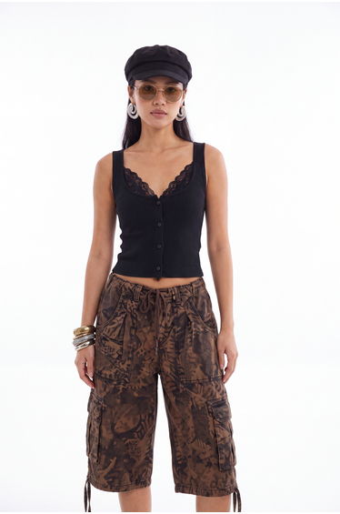 Black Plain Fitted Pool Collar Sleeveless Lace Detailed Crop Ribbed Stretchy Knitted Blouse
