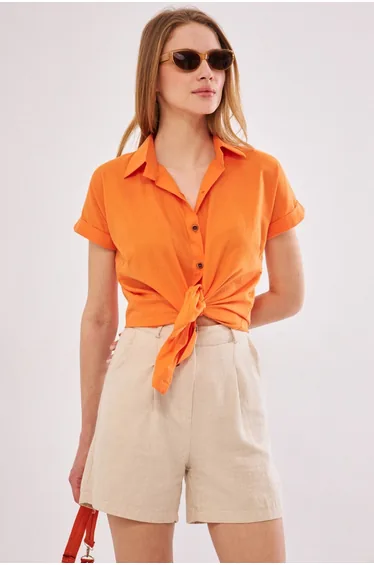 Women's Orange Short Sleeve Linen Shirt