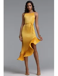 Rerily Resort Flowy Sleeveless Asymmetric Ruffle Pleated Woven Midi Dress