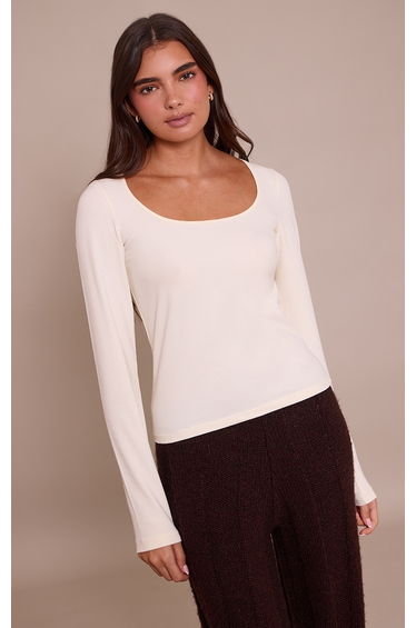 Cream Soft Cotton Scoop Neck Long Sleeve Top