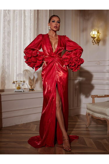 Halston Long Sleeve Ruched Split Maxi Dress