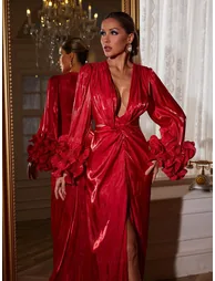 Halston Long Sleeve Ruched Split Maxi Dress - 4