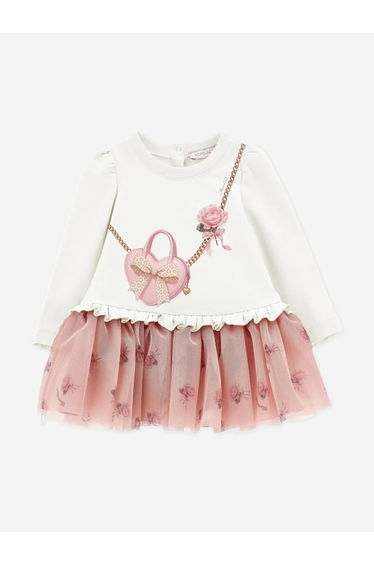 Monnalisa Baby Girls Heart Bag and Rose Print Dress in Pink