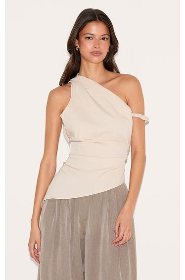 Sand Woven Asymmetric Hem Ruched Long Top