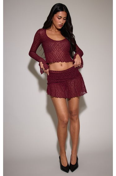 Wine Lace Frill Ruffle Mini Skirt